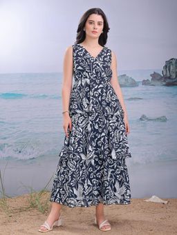 PURVAJA - Women Printed Blue Maxi Dress
