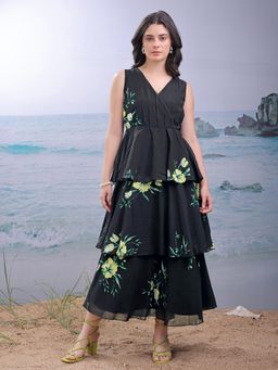 PURVAJA - Women Printed Black Maxi Dress