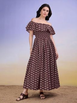 PURVAJA - Women Floral Brown Midi Dress