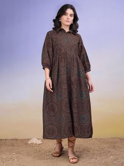 PURVAJA - Women Printed Brown Midi Dress