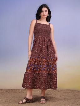 PURVAJA - Women Printed Brown Midi Dress