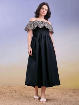 PURVAJA - Women Printed Black Midi Dress