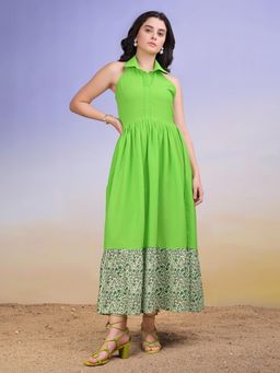PURVAJA - Women Printed Green Maxi Dress