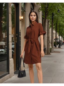 Style Quotient - Women Brown Semi Formal Shirt Dress with Belt