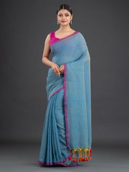 Arhi - Cerulean Blue Pure Cotton Handwoven Soft Dual Tone Saree with Unstitched Blouse