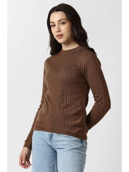 Van Heusen - Women Brown Textured Casual Round Neck Top