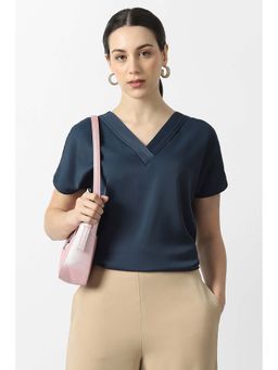 Van Heusen - Women Navy Blue Solid Formal V-Neck Top
