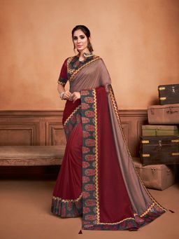 Odette - Wine Shaded Silk Designer Saree with Unstitched Blouse