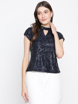 Latin Quarters - Women Blue Embellished Short Sleeve Knit Top
