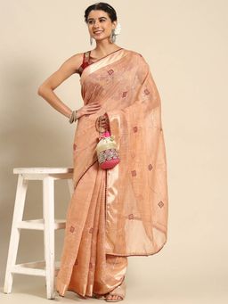 Odette - Peach Cotton Embroidered Saree with Unstitched Blouse