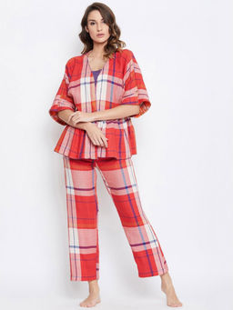 The Kaftan Company - Red Plaids Cotton Top and Pyjama (Set of 2)