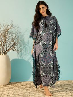 The Kaftan Company - Patchwork Printed Purple Cotton Kaftan with Fringes
