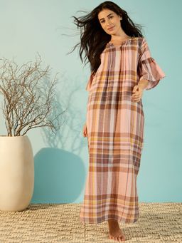 The Kaftan Company - Rustic Checks Peach Cotton Nightdress