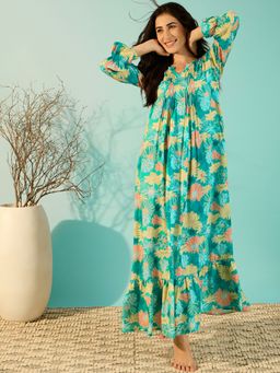 The Kaftan Company - Floral Blue Soft Modal Nightdress
