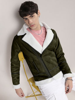 Campus Sutra - Men's Olive and Chalk White Fleece Lined Biker Jacket