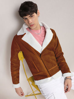 Campus Sutra - Men's Icy Blue and Chalk White Fleece Lined Biker Jacket