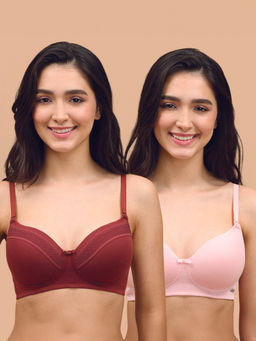 Nykd by Nykaa - Set Of 2 Lace Detail Breathe 3/4th Coverage T-shirt Bra-NYB358-Brick and Pink