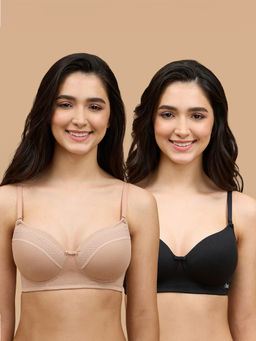 Nykd by Nykaa - Set Of 2 Lace Detail Breathe 3/4th Coverage T-shirt Bra-NYB358-Black and Dark Skin