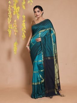 CHARUKRITI - Teal Cotton Blend Handwoven Checkered Zari Woven Designs Saree with Unstitched Blouse