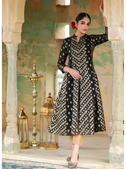 Juniper - Black Chanderi Silk Printed Anarkali Kurta With Inner (Set of 2)