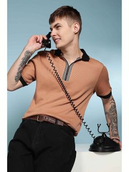 Eszett - Korean Collar Brown Textured Polo T-Shirt
