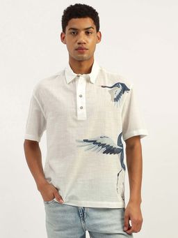 United Colors of Benetton - Oversized Fit Spread Collar Crane Bird Print Shirt