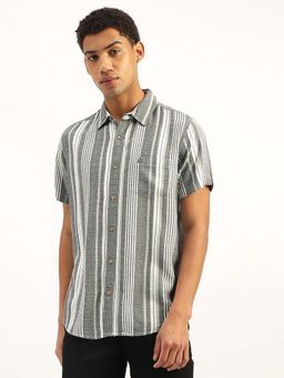 United Colors of Benetton - Grey Regular Fit Spread Collar Striped Shirt