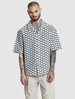 Snitch - White Self Design Oversized Fit Crochet Shirt