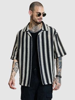 Snitch - Black Self Design Oversized Fit Crochet Shirt