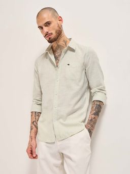 The Bear House - Men's Green Slim Fit Cotton Vertical Stripes Shirt