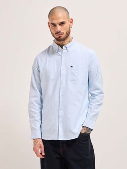 The Bear House - Men's Blue Slim Fit Cotton Vertical Stripes Shirt