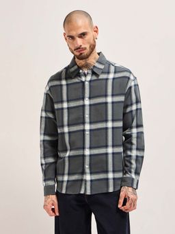 The Bear House - Men's Grey Relaxed Fit Cotton Window Panel Check Flannel Overshirt