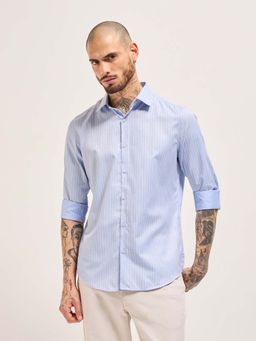 The Bear House - Men's Blue Slim Fit Pin Stripes Shirt