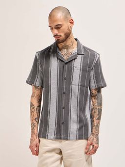 The Bear House - Men's Grey Regular Fit Cotton Vertical Stripes Shirt