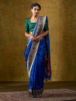 WeaverStory - Blue Handloom Pure Katan Silk Banarasi Saree With Unstitched Blouse