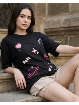 Bewakoof - Women Black Shine Graphic Printed Oversized T-shirt