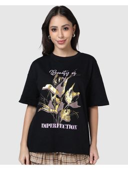 Bewakoof - Women Black Imperfection Foil Printed Oversized T-shirt