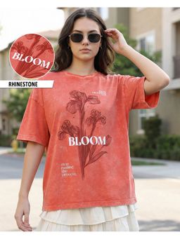 Bewakoof - Women Koi Orange Slow Bloom Graphic Printed Oversized Acid Wash T-shirt