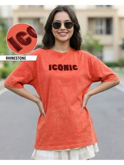 Bewakoof - Women Koi Orange Iconic Typography Oversized Acid Wash T-shirt