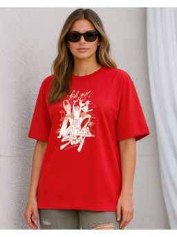 Bewakoof - Women Fiesta Red Sparkle Graphic Printed Oversized T-shirt