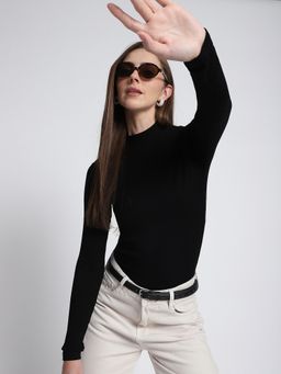 R&B - Ribbed Slim Women Black T-Shirt