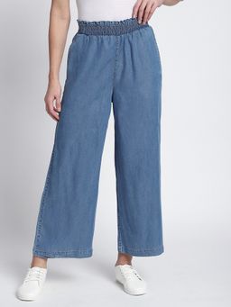 R&B - Women Blue Solid Wide Leg Jeans