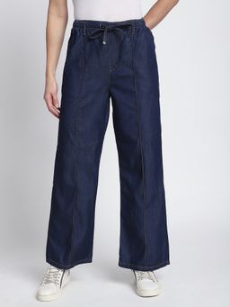 R&B - Navy Blue Women Solid Wide Leg Jeans