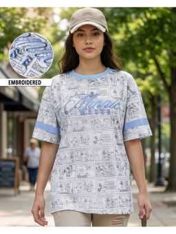 Bewakoof - Disney Women White and Blue Minnie All Over Printed Oversized T-shirt