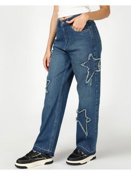 Bewakoof - Women Blue Applique Washed Baggy Fit Jeans