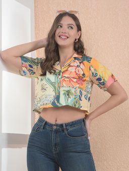 CRIMSOUNE CLUB - Women Orange Floral Print Crop Shirt