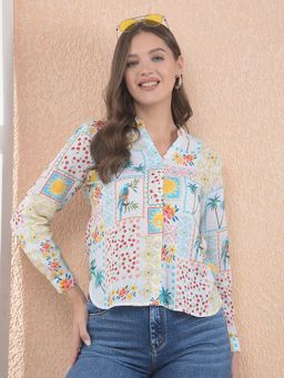 CRIMSOUNE CLUB - Women White Floral Print Linen Shirt