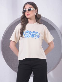 CRIMSOUNE CLUB - Women Beige Typographic Print T-Shirt