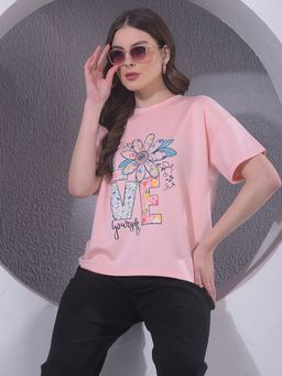 CRIMSOUNE CLUB - Women Pink Typographic Print T-Shirt