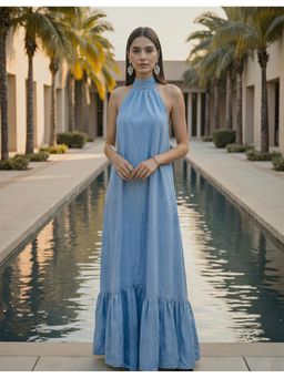Naava - Women Sky Blue Cotton Halter Neck Dress
